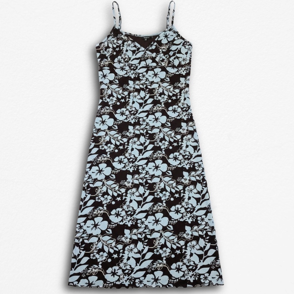 Mexx Vintage Floral Maxi Dress Blue Hibiscus Spaghetti Strap Lettuce Hem 90s Y2K